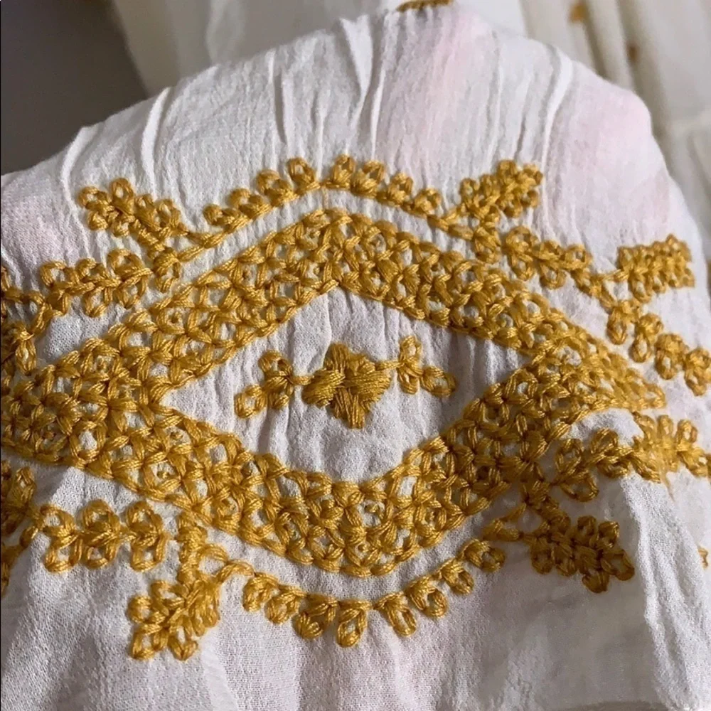 Free people oversized embroidered mp a line midi swing dress xs/s mustard ivory